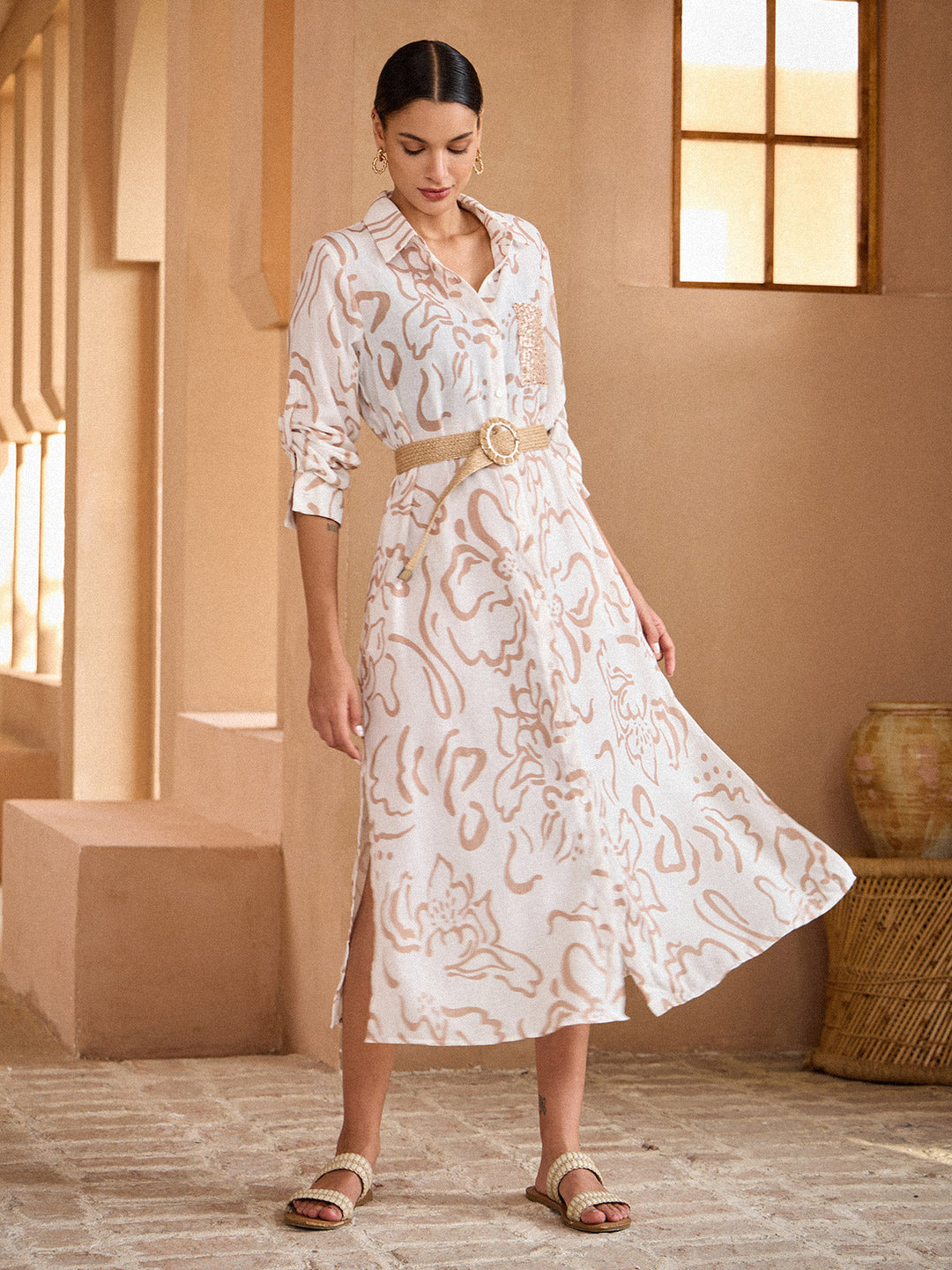SANTORINI | Floral Maxi Shirt Dress with Button-Down Front