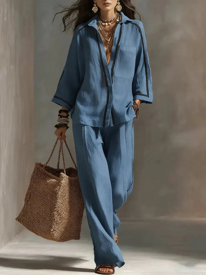 MARLOWE | 2-Piece Striped Polo Shirt &amp; Wide-Leg Pants Set