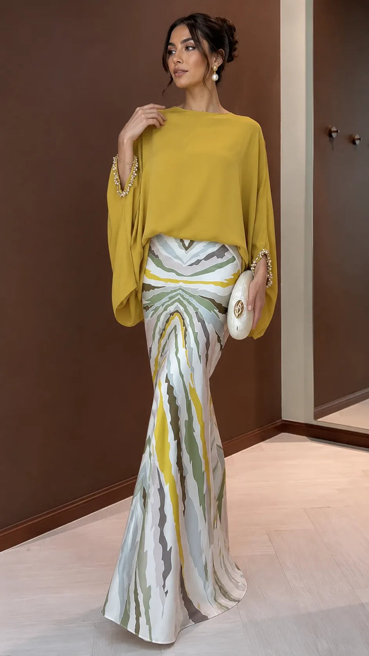 ESTELLE | 2-Piece Batwing Blouse &amp; Satin Mermaid Skirt Set