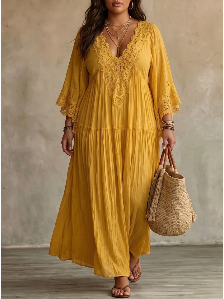CELESTE | Flowing Maxi Dress with Lace V-Neck