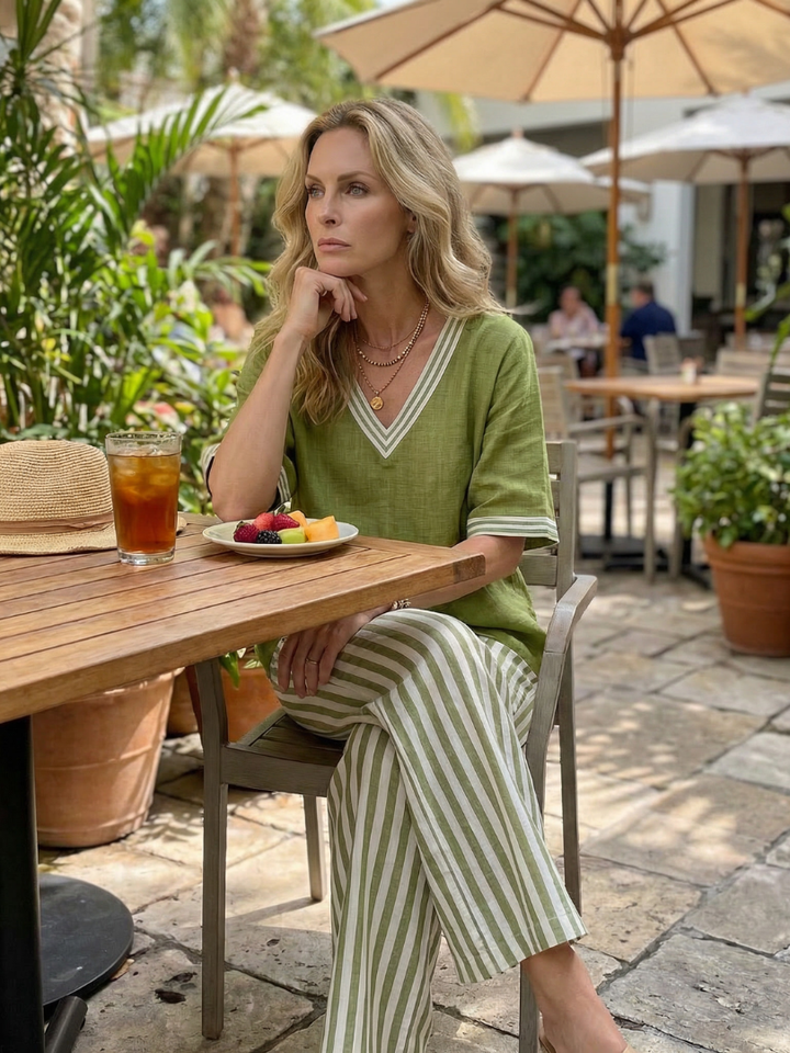 CELIA | 2-Piece V-Neck Tunic &amp; Striped Trouser Set