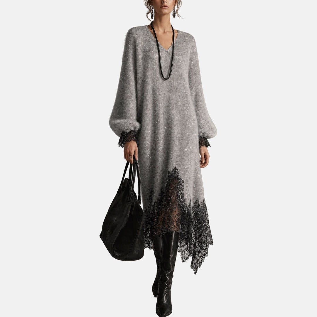 MARGUERITE™ | SPARKLE KNIT MIDI DRESS WITH LACE HEM