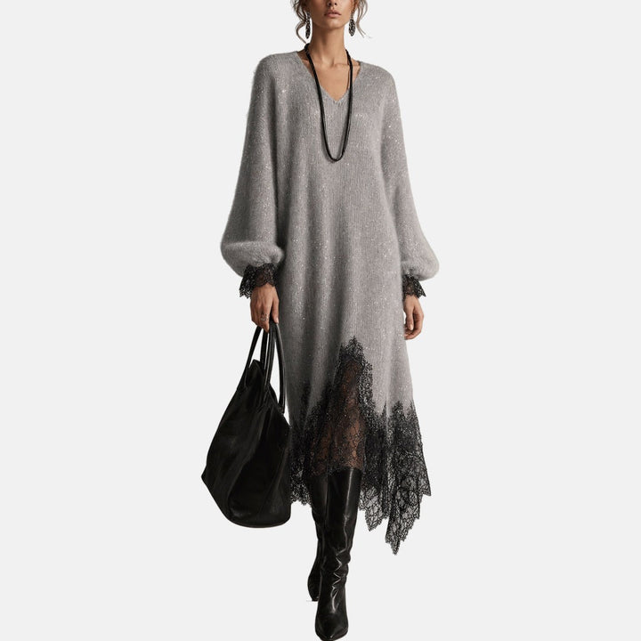 MARGUERITE™ | SPARKLE KNIT MIDI DRESS WITH LACE HEM