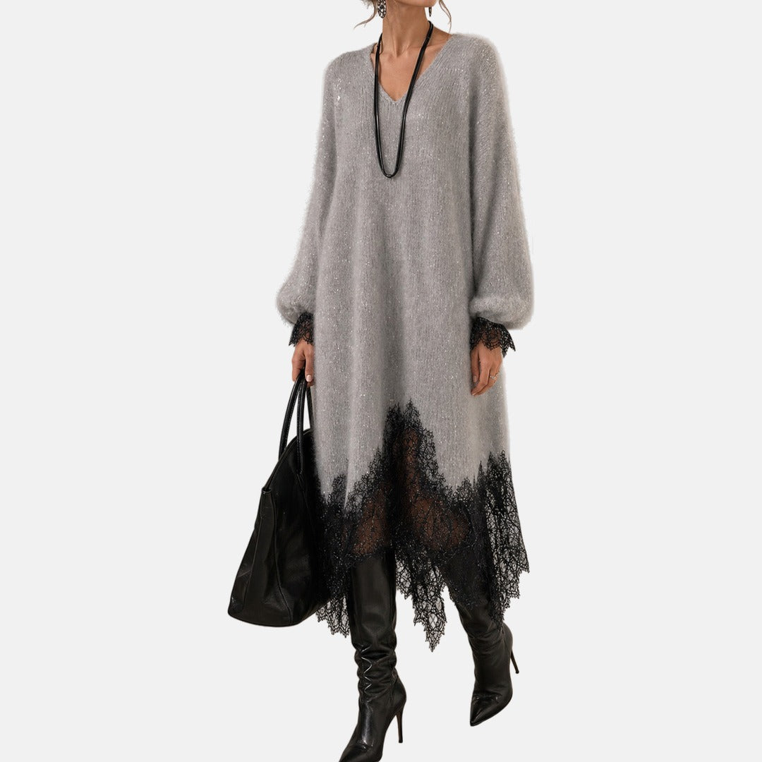 MARGUERITE™ | SPARKLE KNIT MIDI DRESS WITH LACE HEM