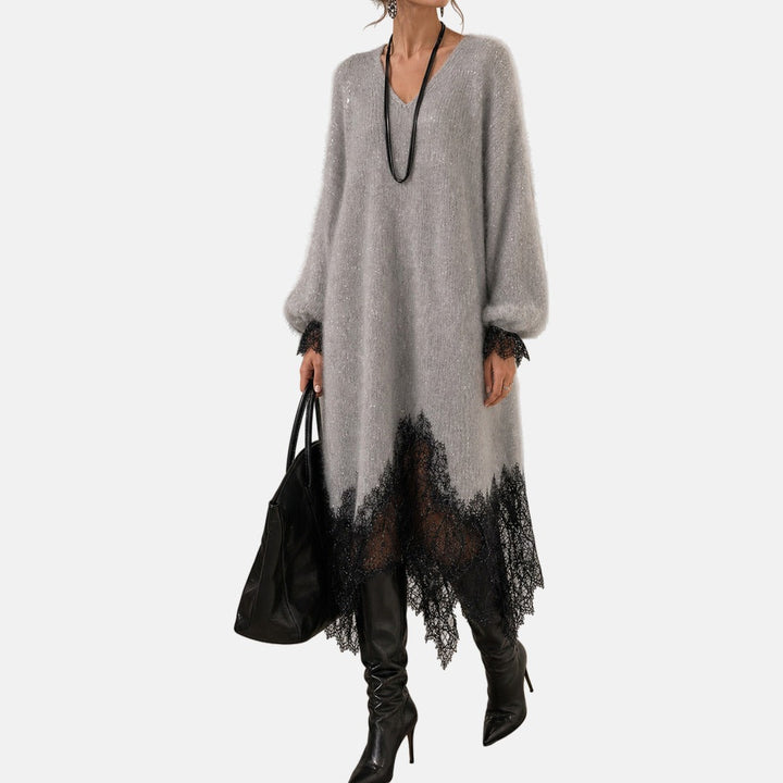 MARGUERITE™ | SPARKLE KNIT MIDI DRESS WITH LACE HEM