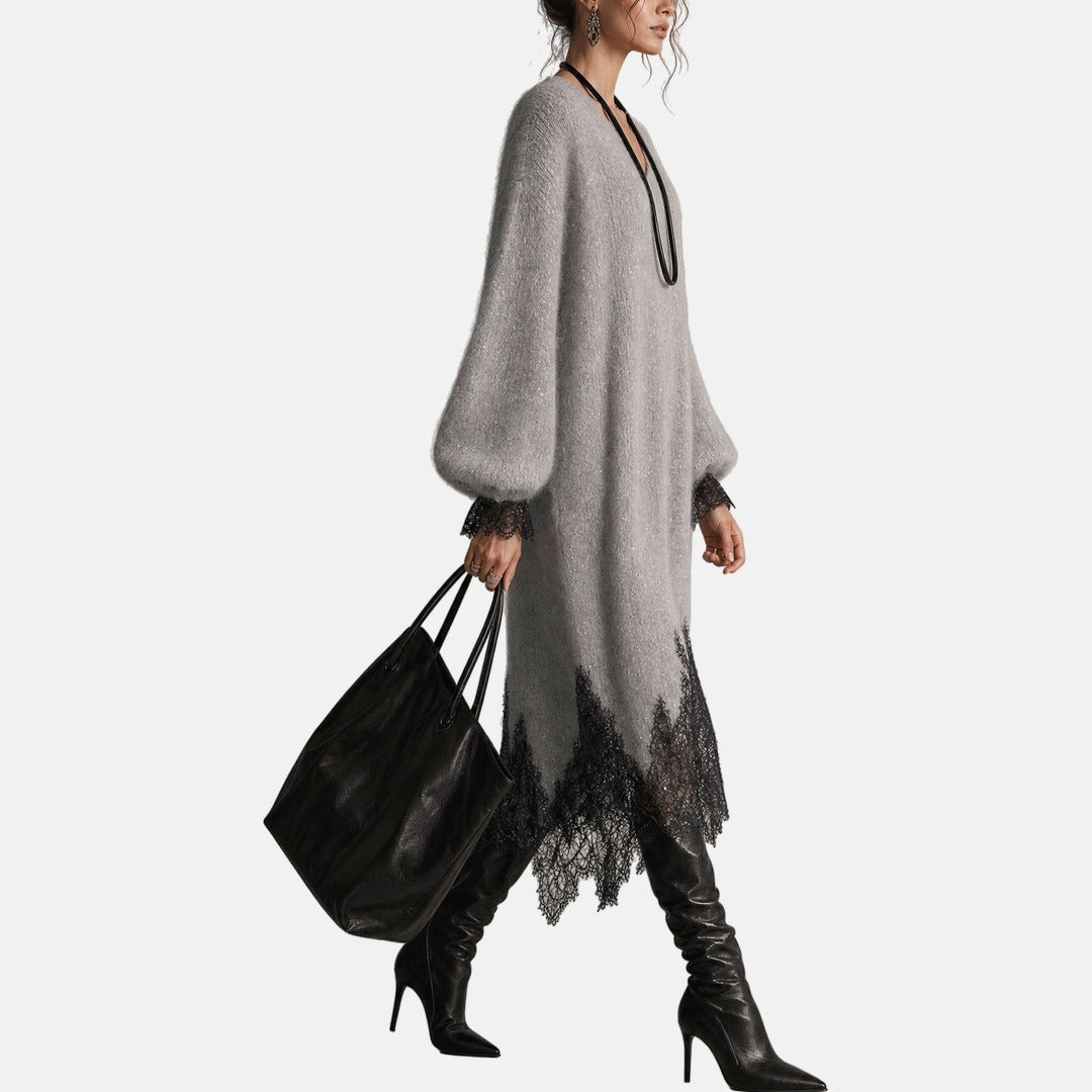 MARGUERITE™ | SPARKLE KNIT MIDI DRESS WITH LACE HEM