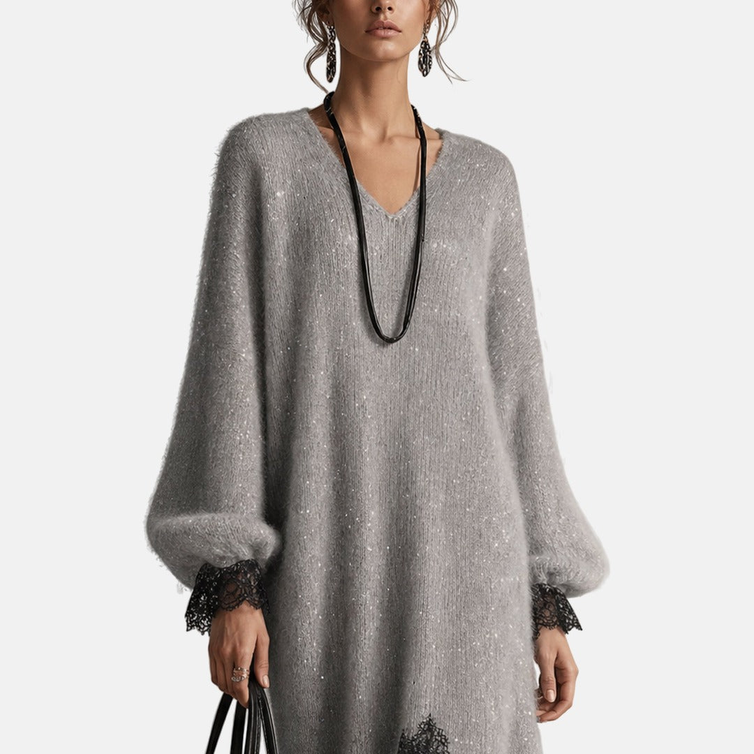 MARGUERITE™ | SPARKLE KNIT MIDI DRESS WITH LACE HEM
