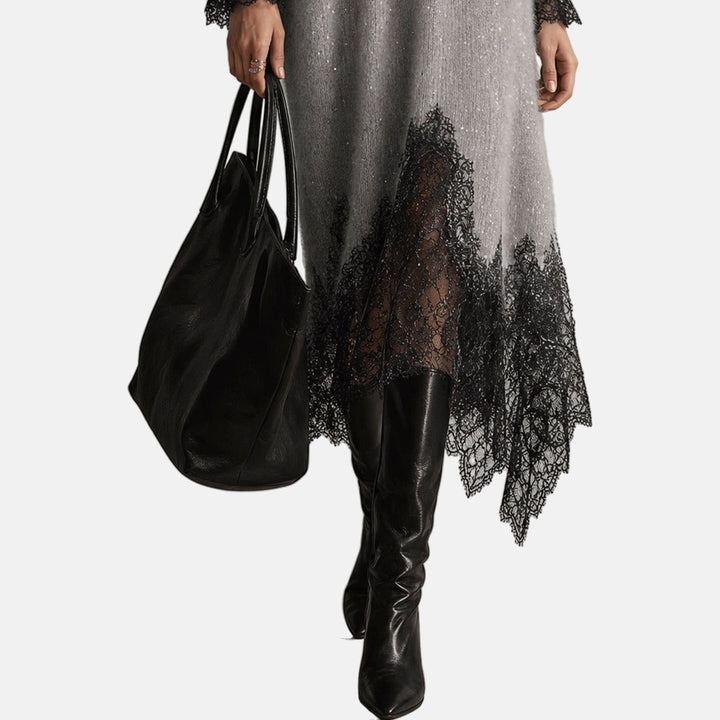MARGUERITE™ | SPARKLE KNIT MIDI DRESS WITH LACE HEM
