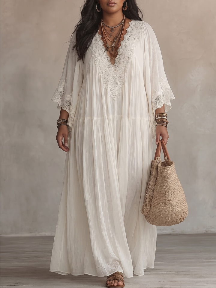 CELESTE | Flowing Maxi Dress with Lace V-Neck