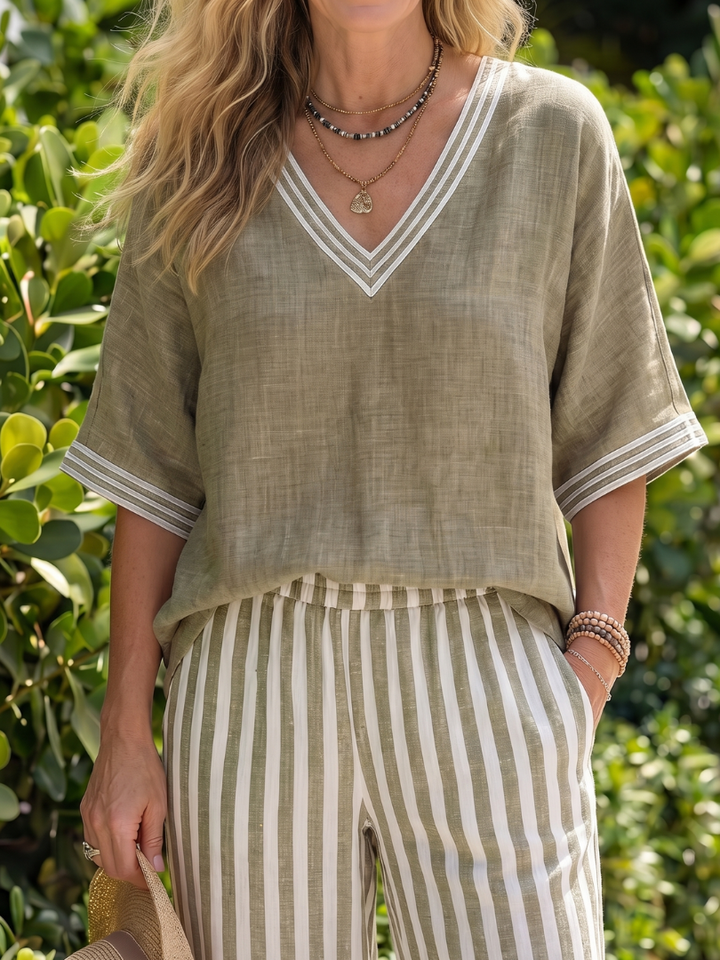 CELIA | 2-Piece V-Neck Tunic &amp; Striped Trouser Set