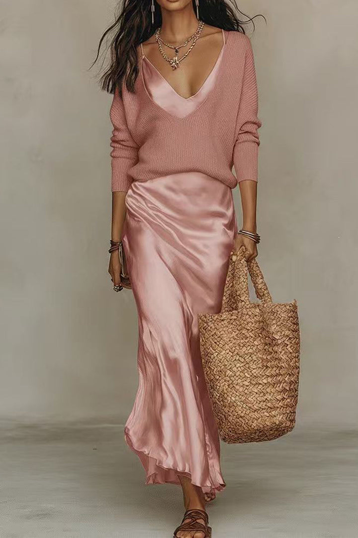 ROSALIE™ | V-NECK SWEATER &amp; SATIN MAXI DRESS SET