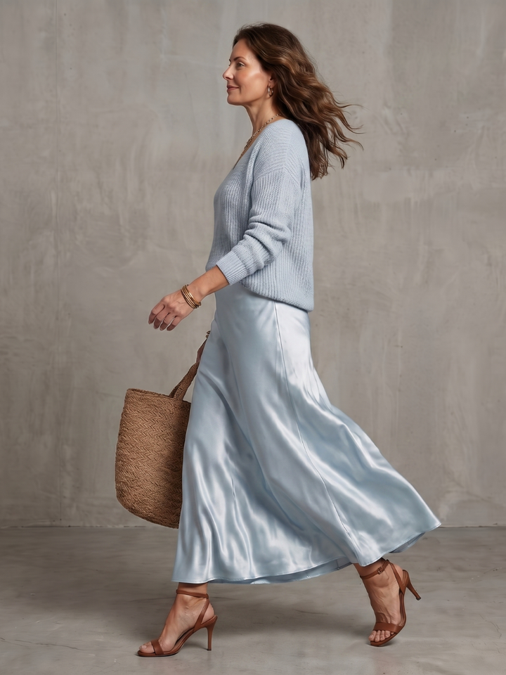 AVRIEL | Knit Top &amp; Satin Midi Skirt Set