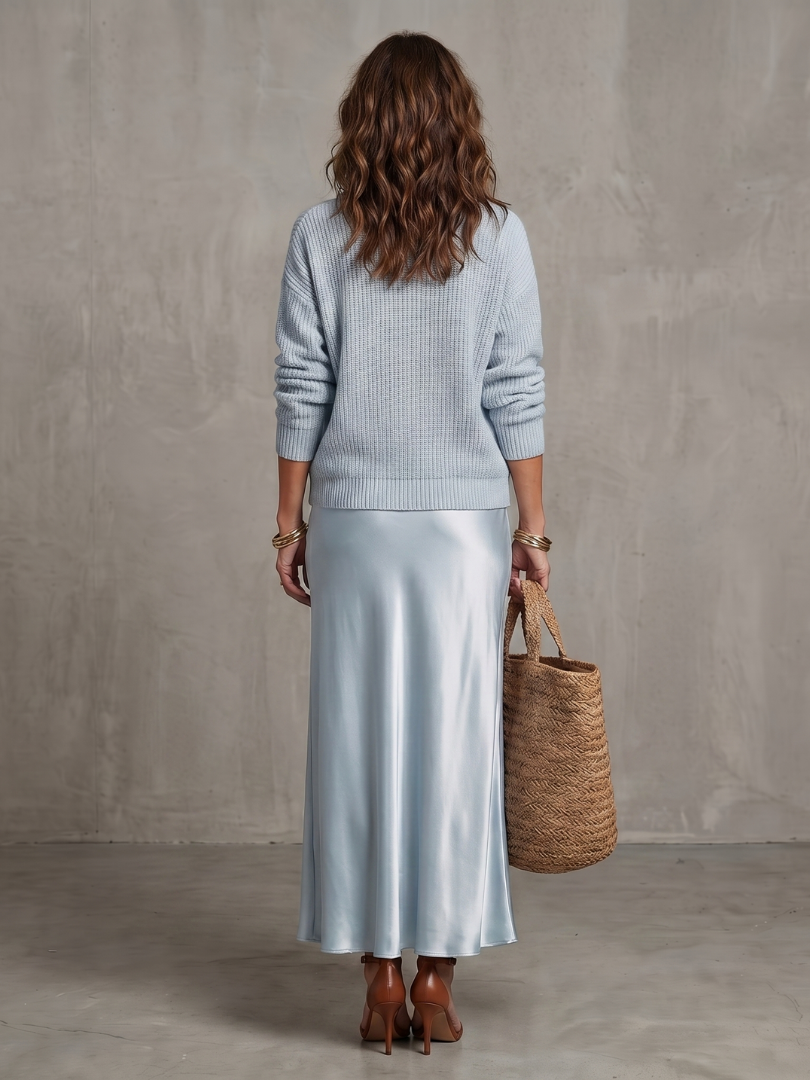 AVRIEL | Knit Top &amp; Satin Midi Skirt Set