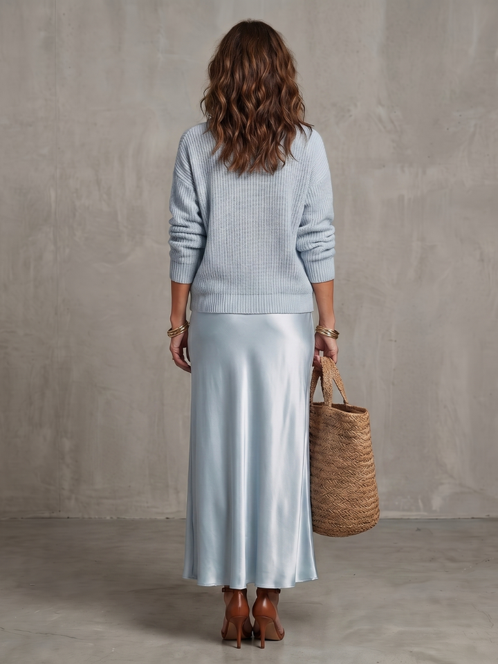 AVRIEL | Knit Top &amp; Satin Midi Skirt Set