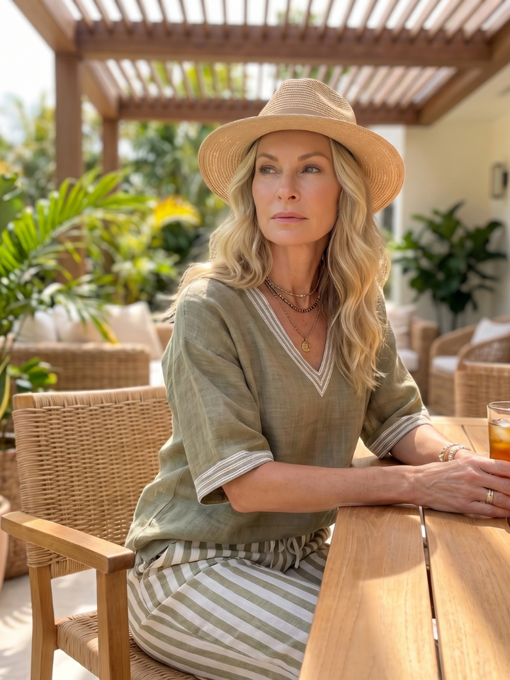 CELIA | 2-Piece V-Neck Tunic &amp; Striped Trouser Set