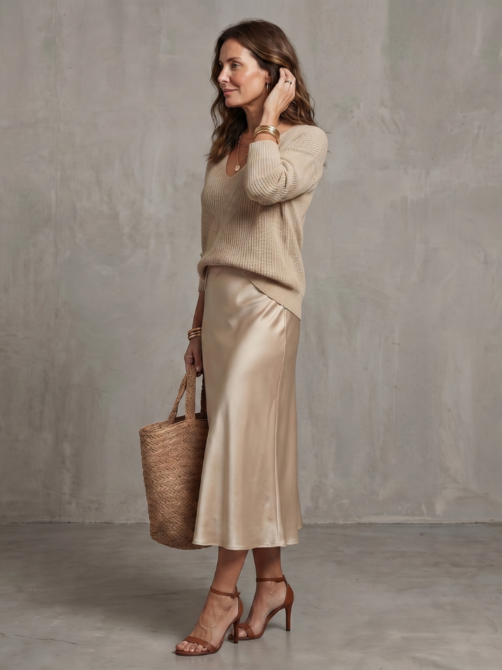 AVRIEL | Knit Top &amp; Satin Midi Skirt Set
