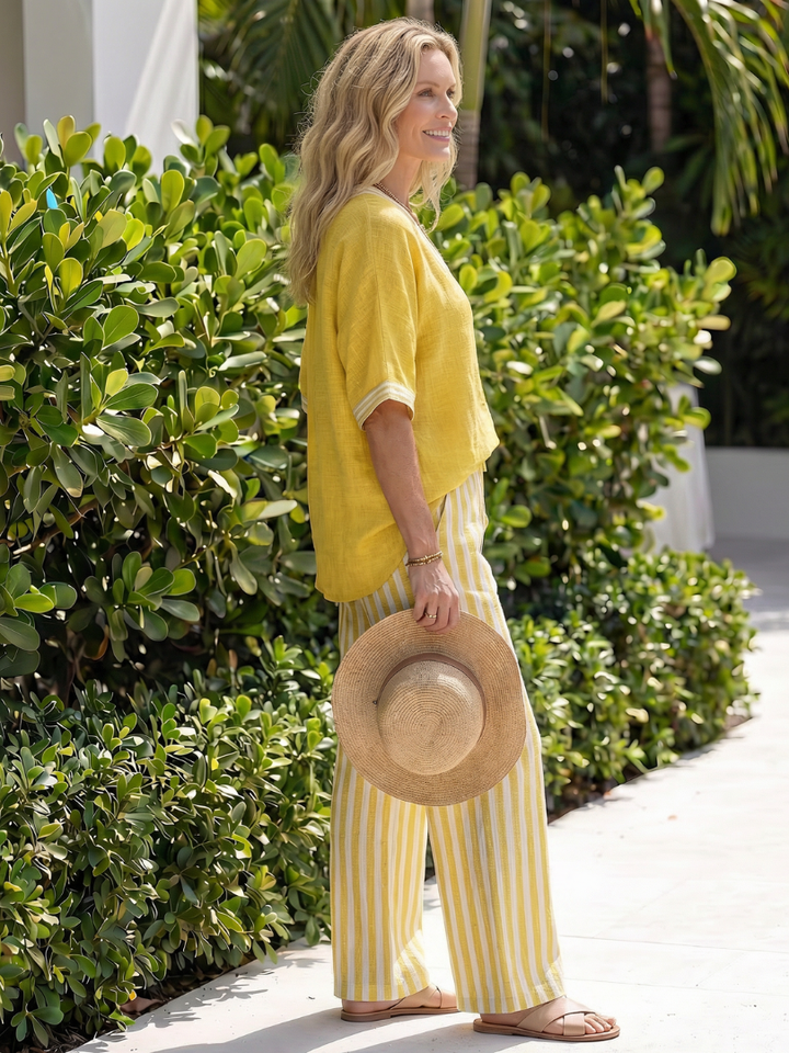 CELIA | 2-Piece V-Neck Tunic &amp; Striped Trouser Set