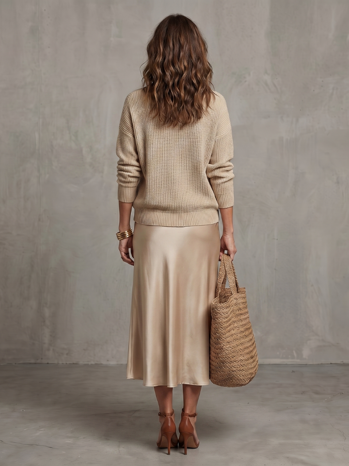 AVRIEL | Knit Top &amp; Satin Midi Skirt Set