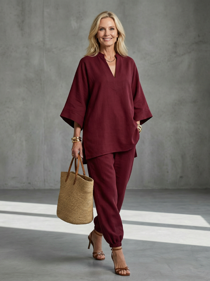 NORELIA | 2-Piece V-Neck Tunic &amp; Gathered Trouser Set