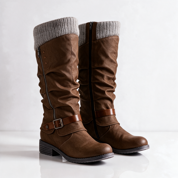 PRISCILLA™ | KNIT CUFF MID-CALF BUCKLE BOOTS