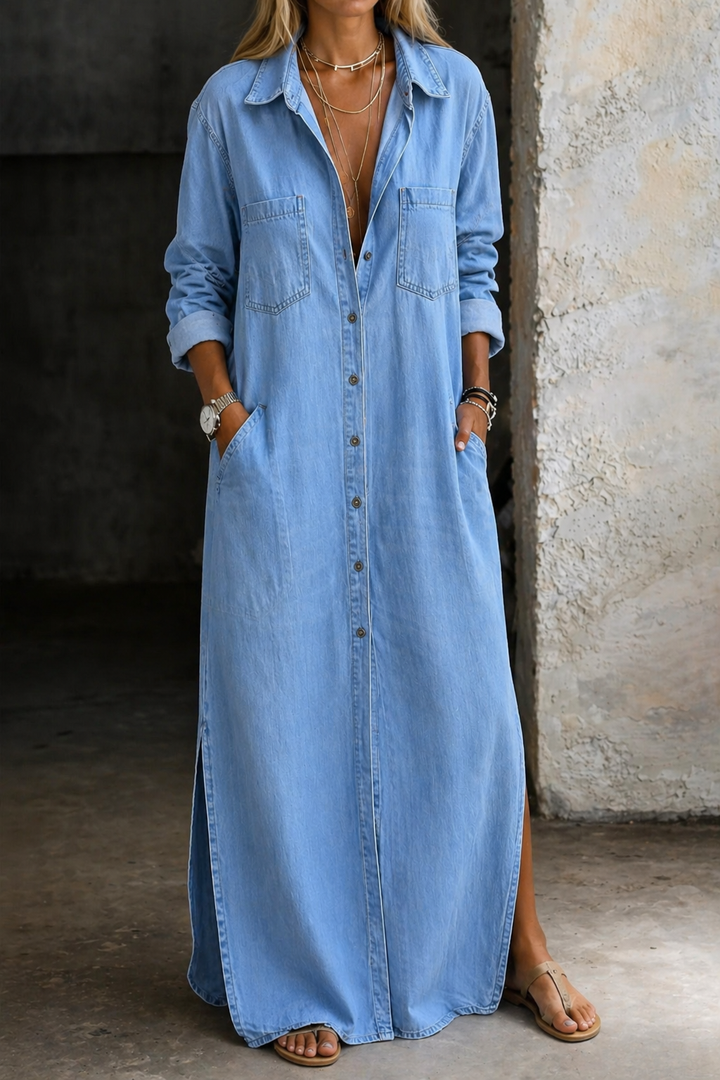 DELPHINE™ | DENIM BUTTON-DOWN MAXI DRESS