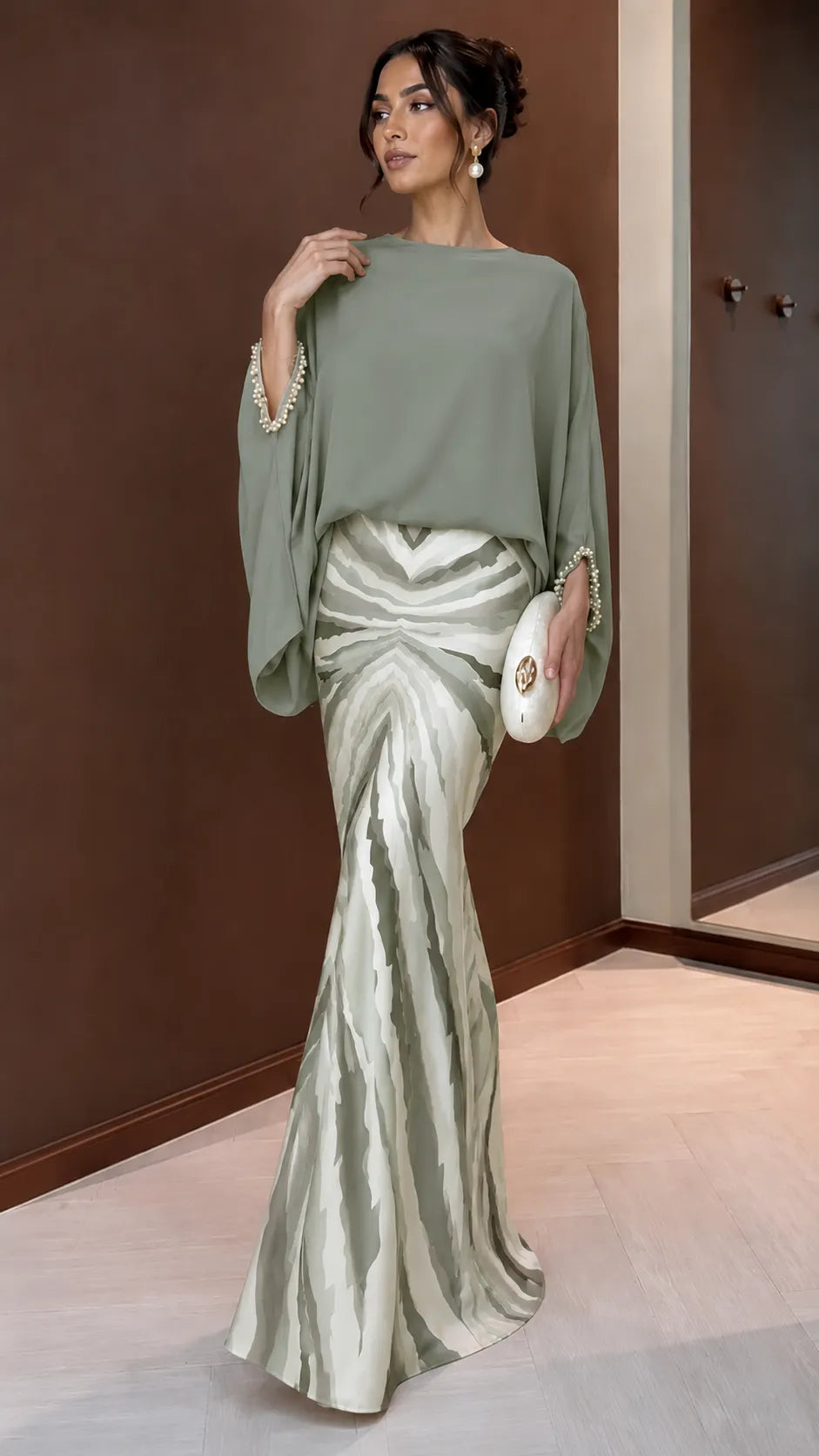 ESTELLE | 2-Piece Batwing Blouse &amp; Satin Mermaid Skirt Set