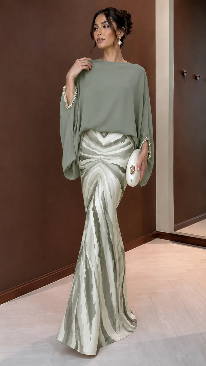 ESTELLE | 2-Piece Batwing Blouse &amp; Satin Mermaid Skirt Set