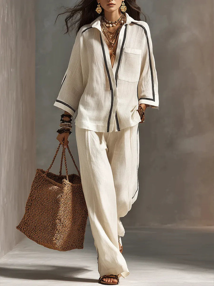 MARLOWE | 2-Piece Striped Polo Shirt &amp; Wide-Leg Pants Set