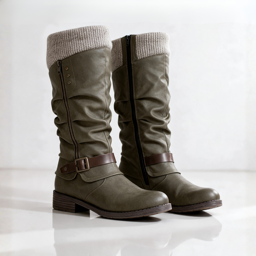 PRISCILLA™ | KNIT CUFF MID-CALF BUCKLE BOOTS