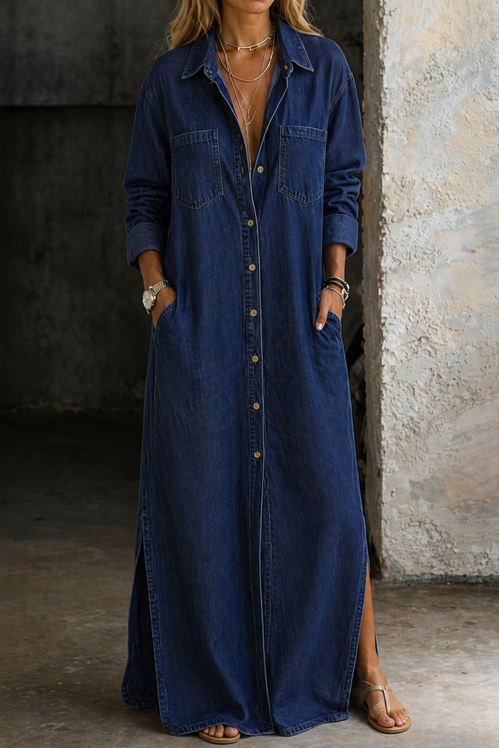DELPHINE™ | DENIM BUTTON-DOWN MAXI DRESS