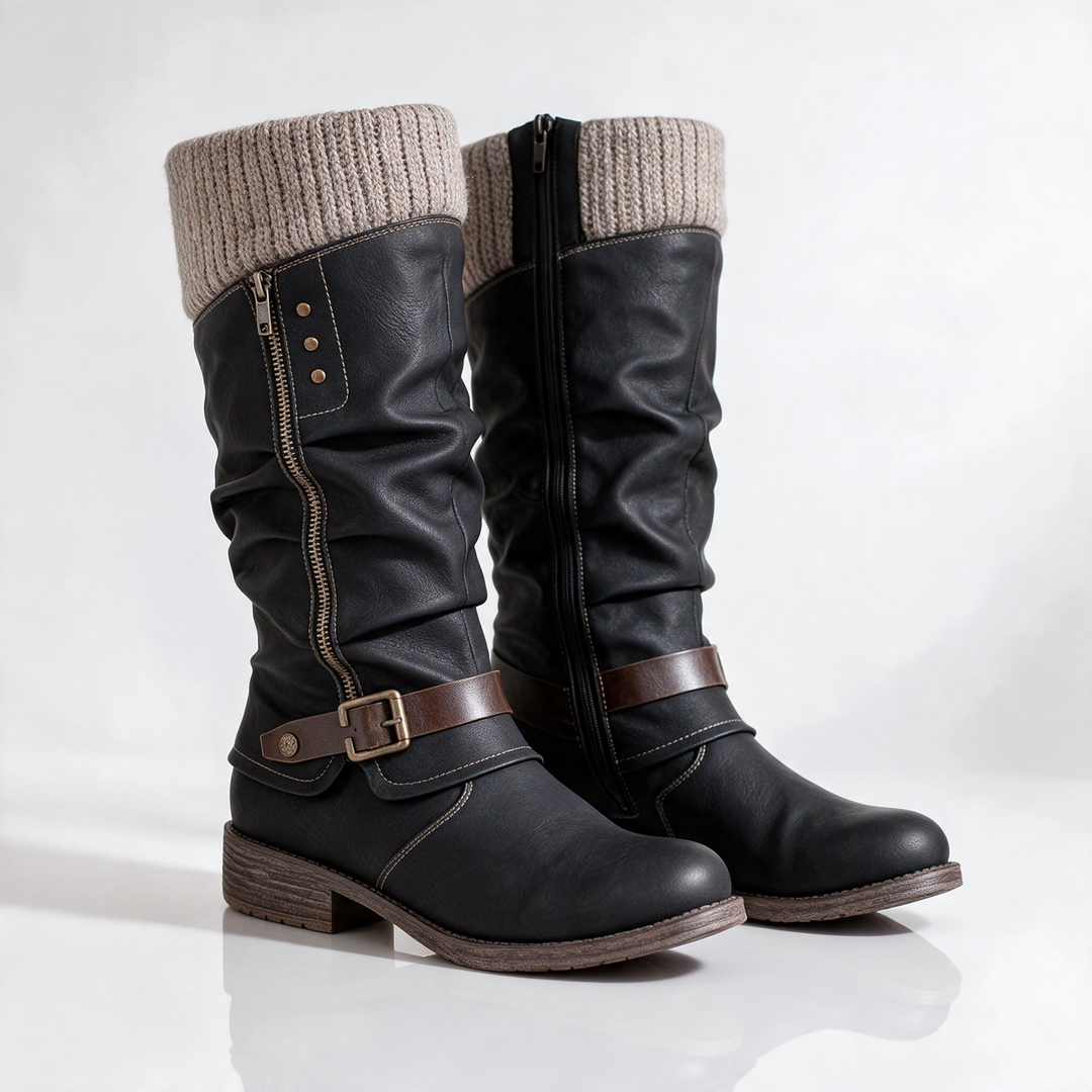 PRISCILLA™ | KNIT CUFF MID-CALF BUCKLE BOOTS