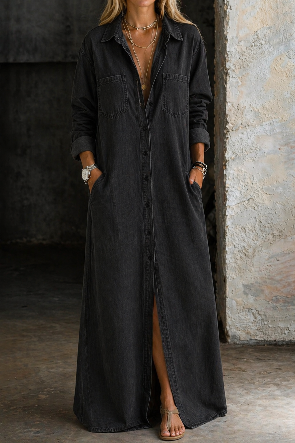 DELPHINE™ | DENIM BUTTON-DOWN MAXI DRESS