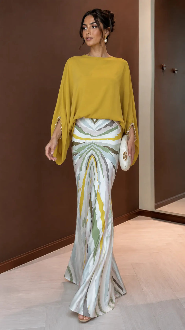 ESTELLE | 2-Piece Batwing Blouse &amp; Satin Mermaid Skirt Set