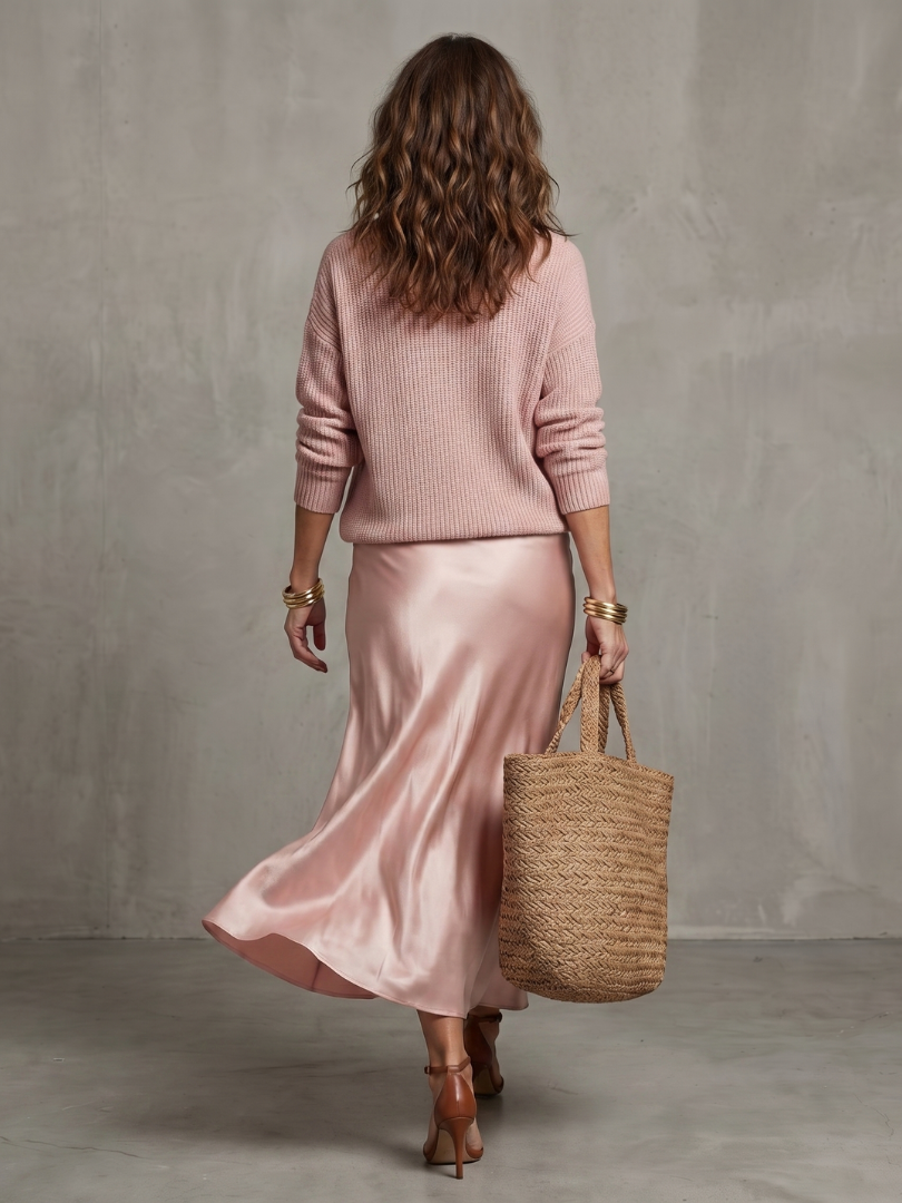 AVRIEL | Knit Top &amp; Satin Midi Skirt Set