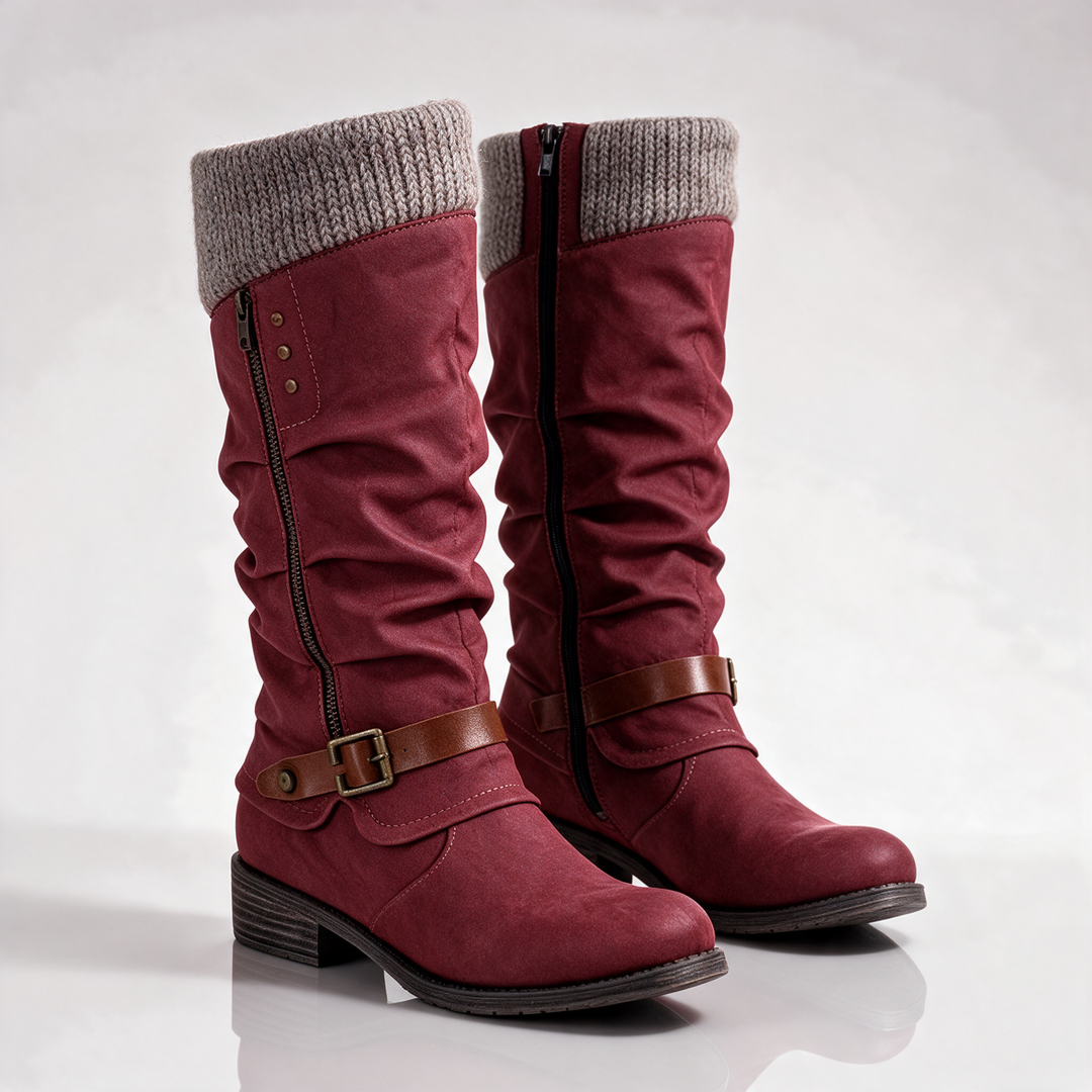 PRISCILLA™ | KNIT CUFF MID-CALF BUCKLE BOOTS