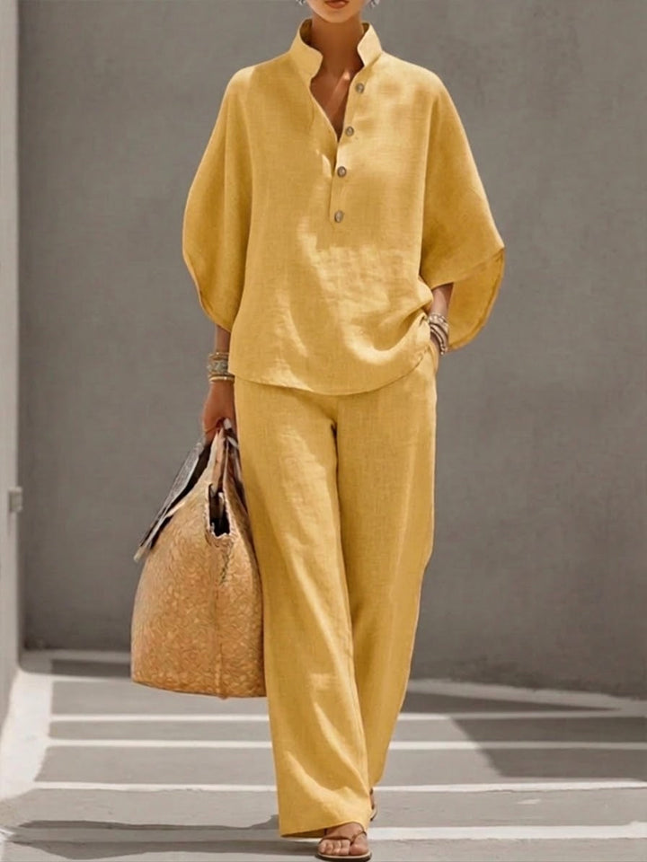 FREYA | 2-Piece Linen-Cotton Batwing Shirt &amp; Wide-Leg Set