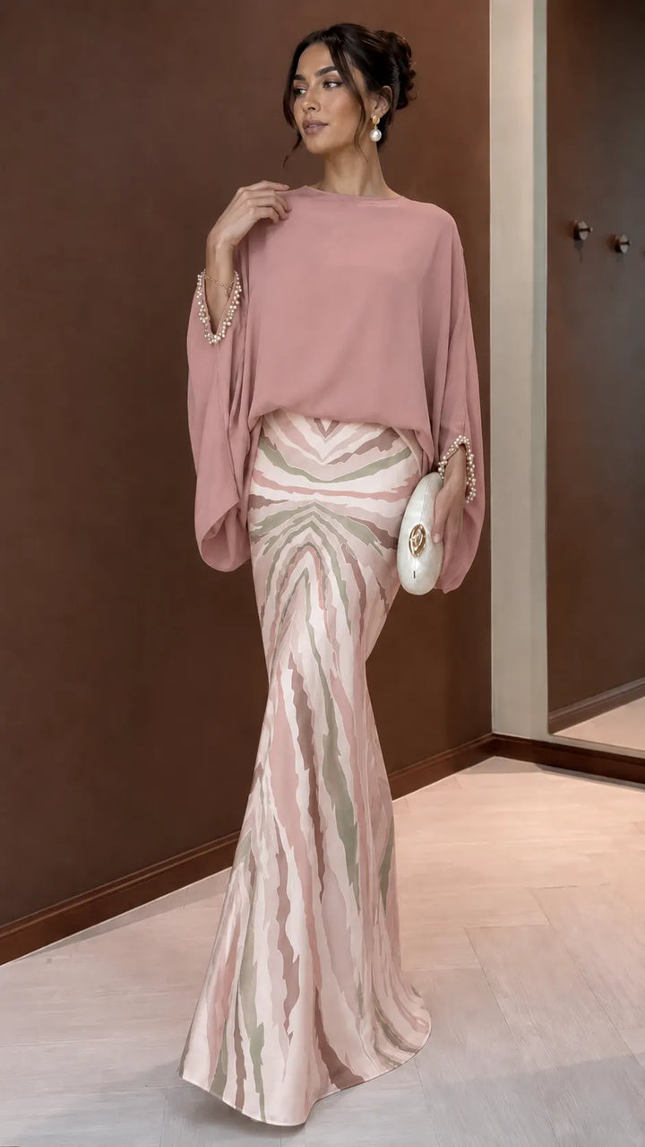 ESTELLE | 2-Piece Batwing Blouse &amp; Satin Mermaid Skirt Set