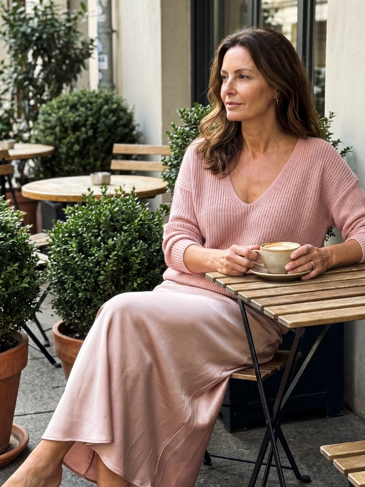 AVRIEL | Knit Top &amp; Satin Midi Skirt Set