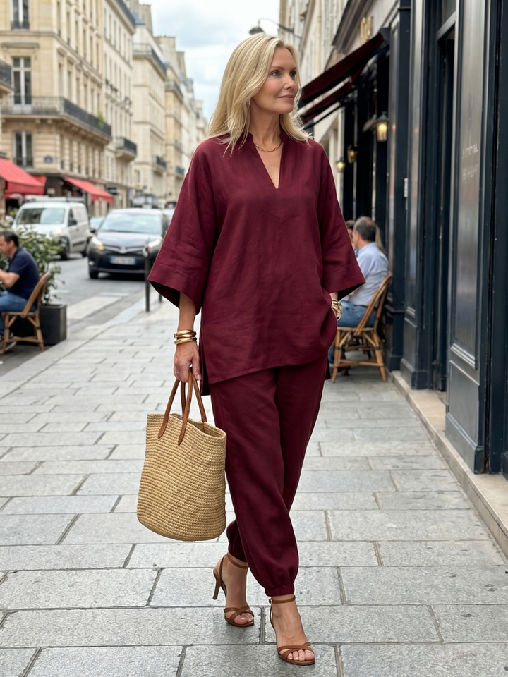 NORELIA | 2-Piece V-Neck Tunic &amp; Gathered Trouser Set
