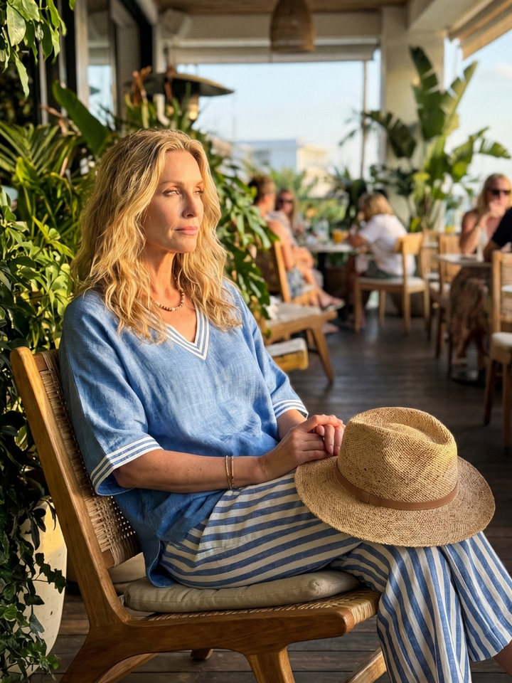 CELIA | 2-Piece V-Neck Tunic &amp; Striped Trouser Set