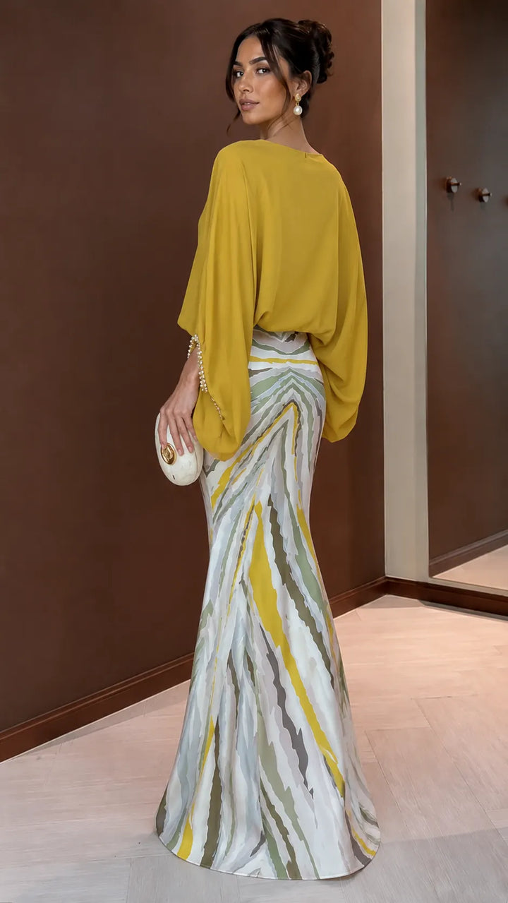 ESTELLE | 2-Piece Batwing Blouse &amp; Satin Mermaid Skirt Set