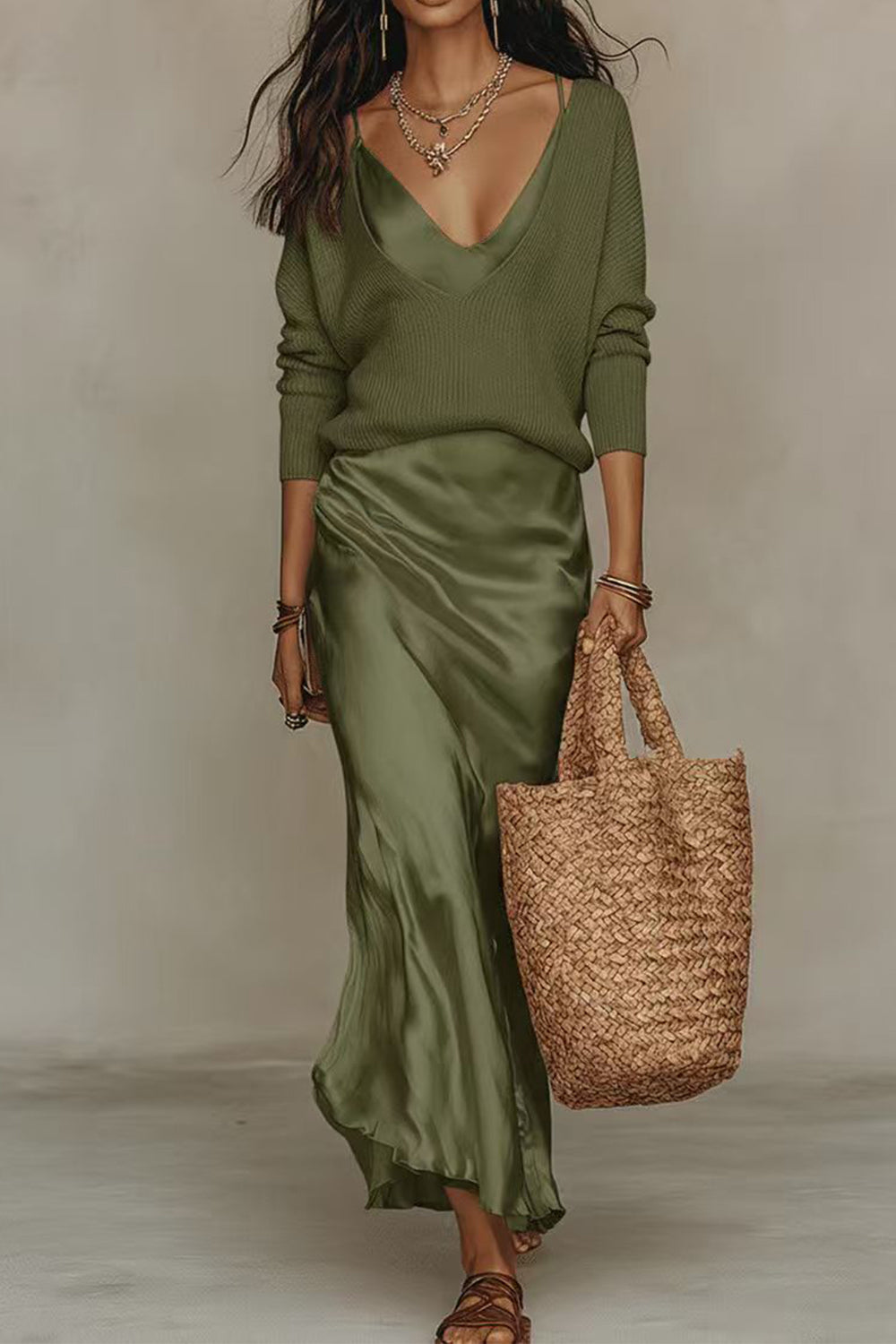 ROSALIE™ | V-NECK SWEATER &amp; SATIN MAXI DRESS SET