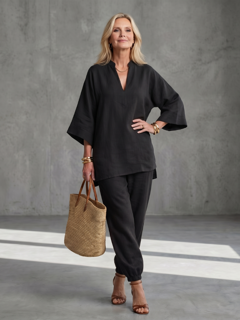 NORELIA | 2-Piece V-Neck Tunic &amp; Gathered Trouser Set