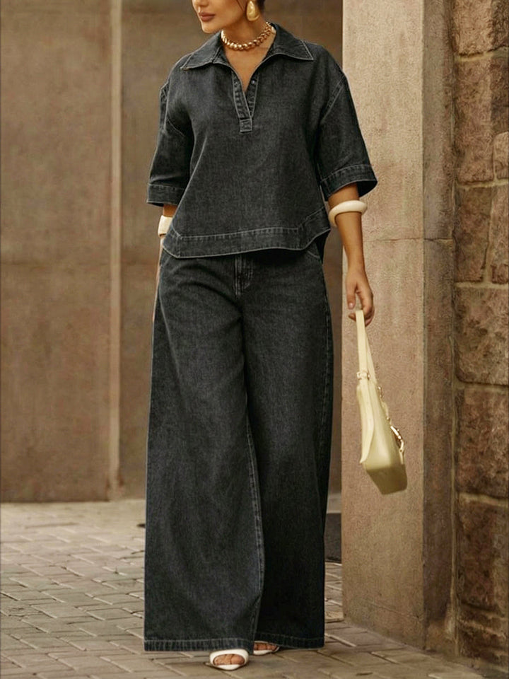 SIENNA | 2-Piece Cotton Denim Top &amp; Wide-Leg Pants Set
