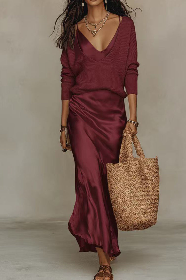 ROSALIE™ | V-NECK SWEATER &amp; SATIN MAXI DRESS SET
