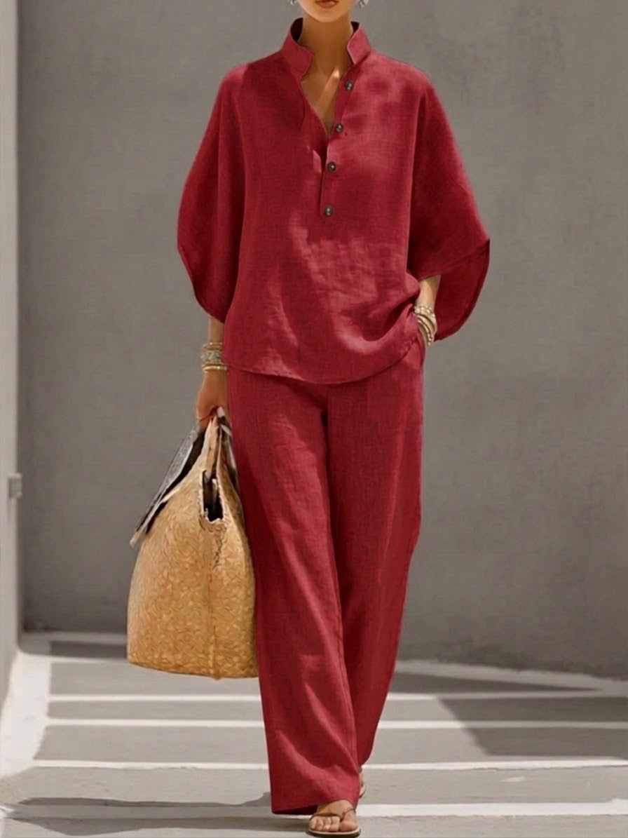 FREYA | 2-Piece Linen-Cotton Batwing Shirt &amp; Wide-Leg Set