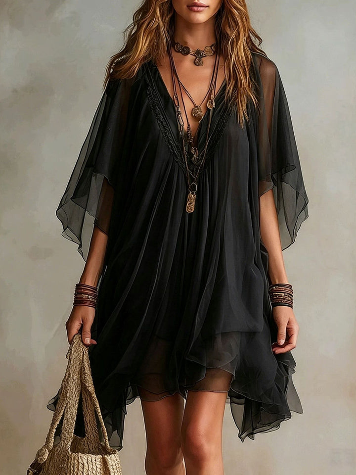 AVERY | Green Chiffon Mini Dress with V-Neck