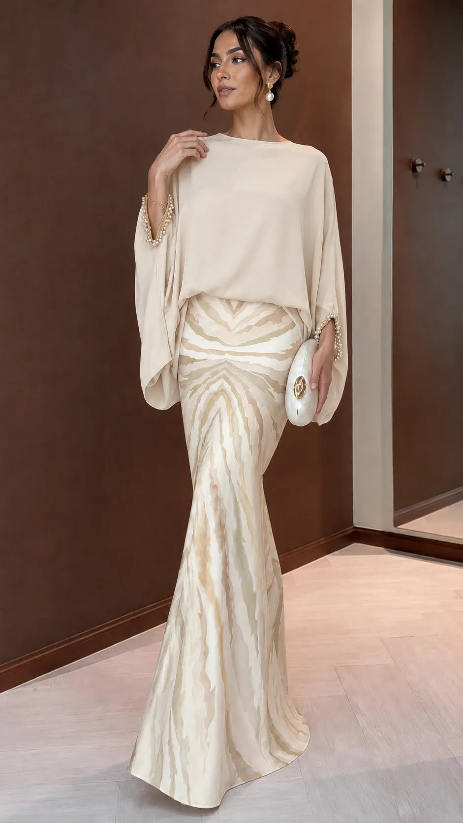 ESTELLE | 2-Piece Batwing Blouse &amp; Satin Mermaid Skirt Set