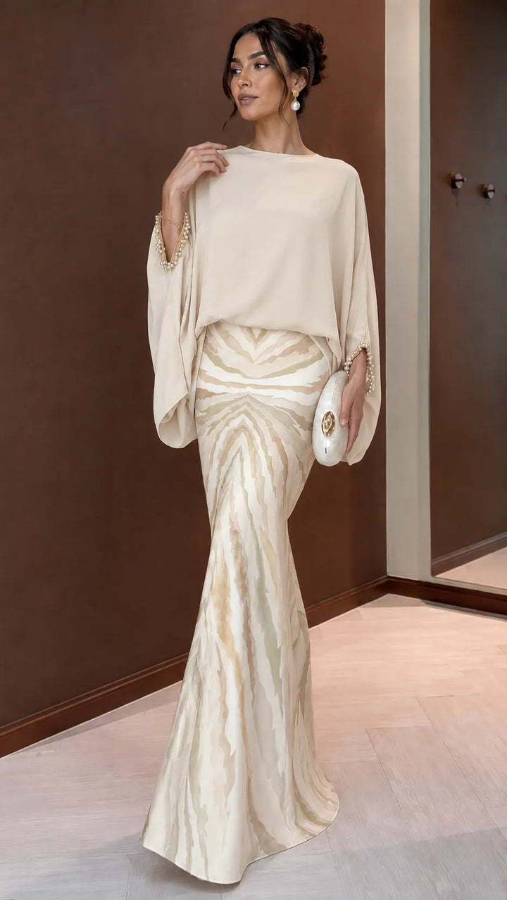 ESTELLE | 2-Piece Batwing Blouse &amp; Satin Mermaid Skirt Set