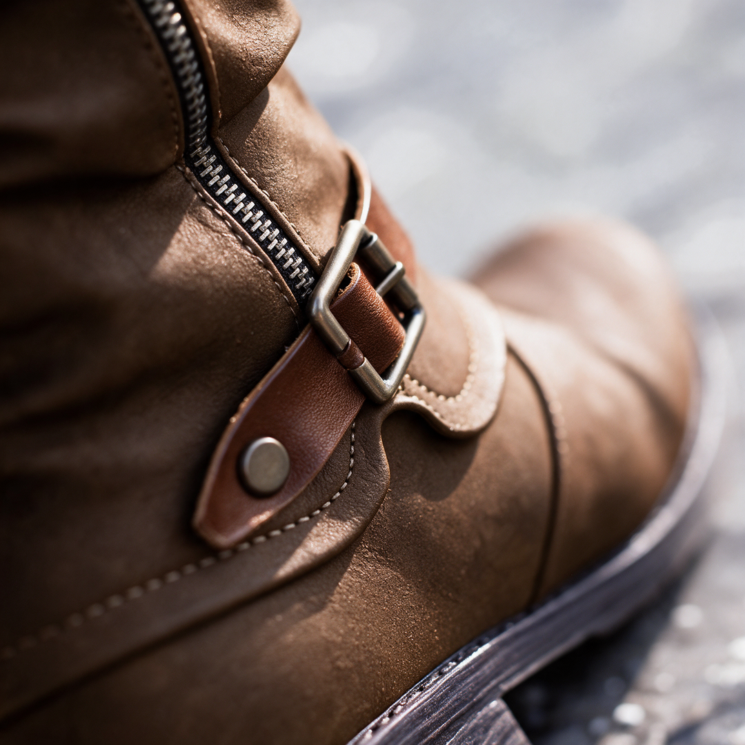 PRISCILLA™ | KNIT CUFF MID-CALF BUCKLE BOOTS